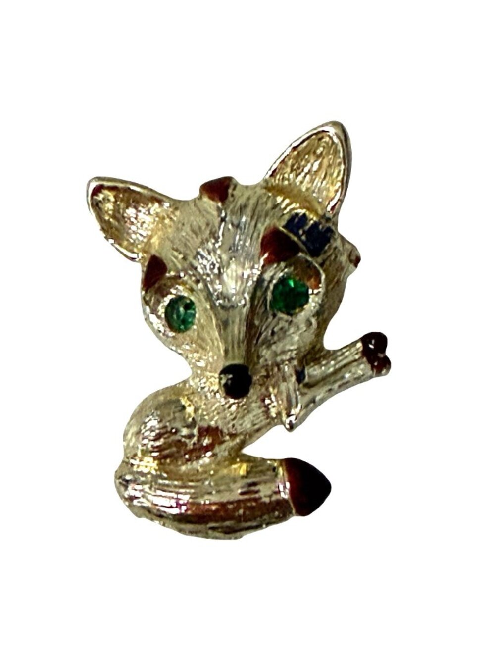 Vintage Gerry’s Fox Brooch Gold Tone Green Rhinestone Eyes Animal Pin
